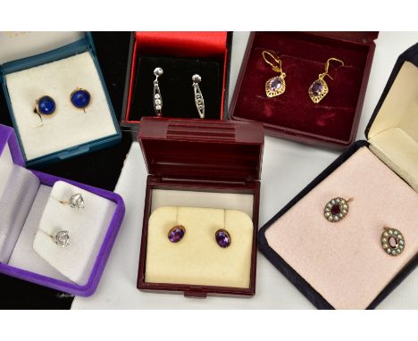 SIX PAIRS OF EARRINGS, to include a pair of 9ct gold oval cut amethyst earrings, with post and scroll fittings, hallmarked 9c