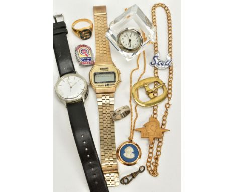 A SELECTION OF ITEMS, to include two gents wristwatches, such as a digital 'Sekonda', rectangular display, dial signed 'Sekon