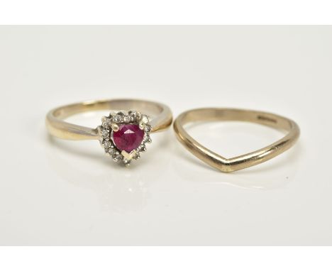 TWO 18CT WHITE GOLD RINGS, firstly a heart shaped ruby and diamond cluster, (condition:- this ruby is glass filled), approxim