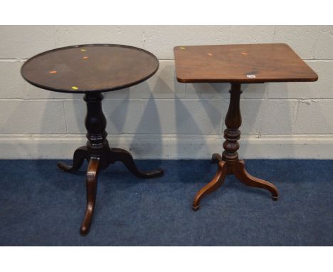 A GEORGIAN MAHOGANY CIRCULAR DISH TOP TRIPOD TABLE, diameter 61cm x height 71cm together with a Georgian mahogany square topp