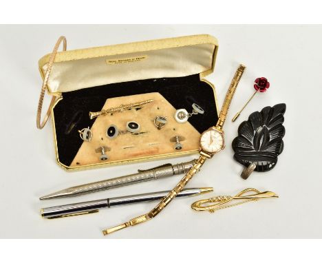 A SELECTION OF ITEMS, to include a cased incomplete set of white metal and mother of pearl dress studs, a gold plated J.T.Cot