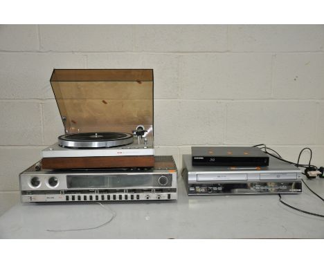 A VINTAGE PHILLIPS 720 'Fish Eye' amplifier, a Philips 212 electronic turntable (both untested due to no plug or cable, drive