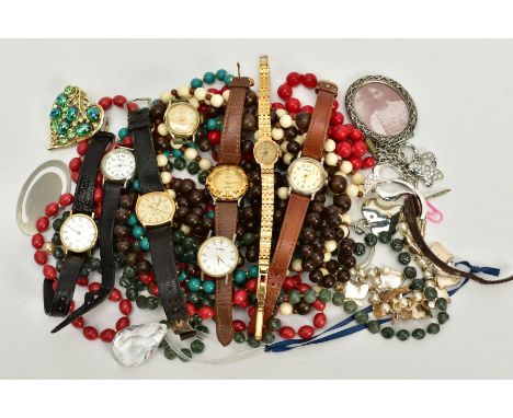 A SMALL QUANTITY OF WRISTWATCHES AND COSTUME JEWELLERY, to include six ladies wristwatches and two watch movements, such as a