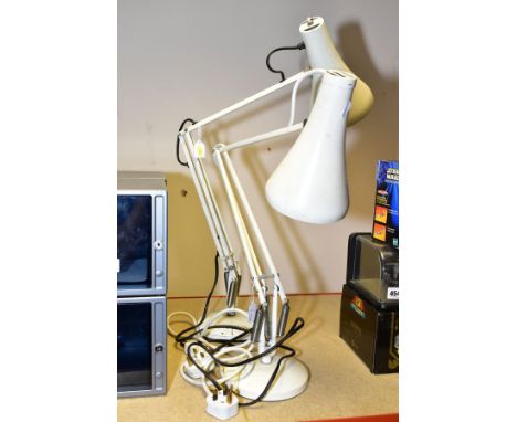 TWO CREAM PAINTED ANGLE POISE LAMPS, one marked in an oval 'Made in England by Herbert Terry &amp; Sons Ltd Redditch', the ot