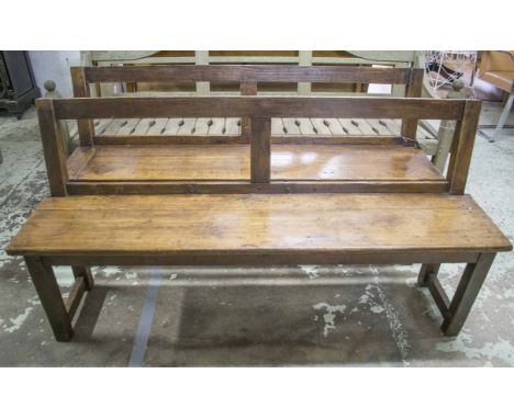 BENCHES, a pair, vintage polished deal, rectangular, each with raised bar back, 150cm W. (2)