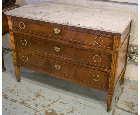 COMMODE, late 18th century, Italian walnut with white marble top above three drawers, 85cm H x 119cm W x 58cm D. (with faults