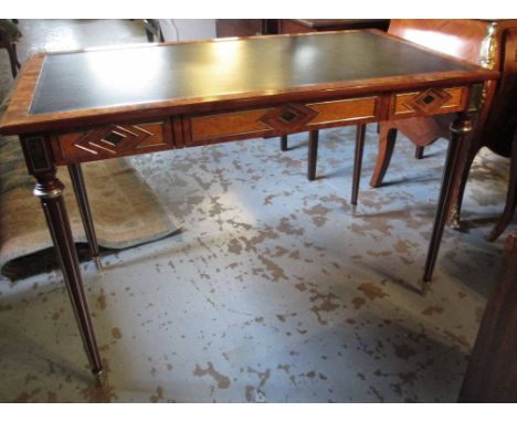 THEODORE ALEXANDER WRITING TABLE 'Hermitage', karelian birch and mahogany crossbanded, with stainless steel mounts and jade e