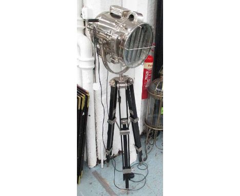 VINTAGE THEATRE INSPIRED SPOT LIGHT, in steel on extendable tripod support, 160cm H.