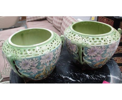 JARDINIERES, a pair, Art Nouveau style, floral decoration, 41cm diam x 27cm H. (2) (with faults)