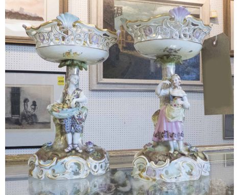 FIGURATIVE CERAMIC COMPORTS, a pair, late 19th century German, makers Carl Thieme Potschappel, each 26cm H. (2)