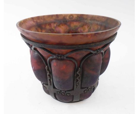 ART DECO VASE BY DAUM, NANCY AND LOUIS MAJORELLE, mottled red glass with forged metal strapwork, inscribed to base, 27cm diam