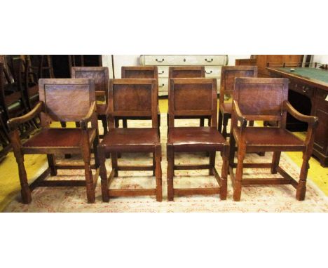 ROBERT 'MOUSEMAN' THOMPSON DINING CHAIRS, a set of eight, mid 20th century oak framed, each with a panelled back and brown le