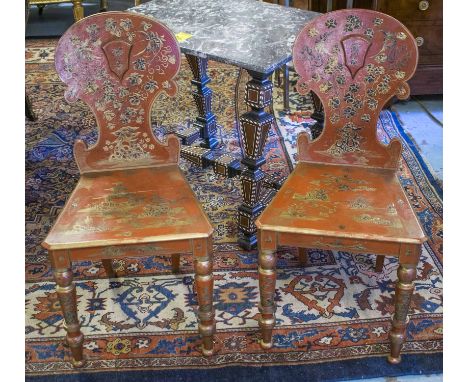 HALL CHAIRS, Victorian scarlet and gilt Chinoiserie decorated (ink stamped R. Parker Diss). (2) (with faults)