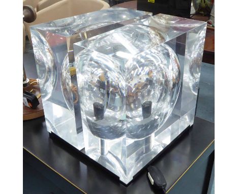 TABLE LAMP, in the form of a perspex divided cuboid with spherical void, 20cm H x 28cm W x 28cm D.