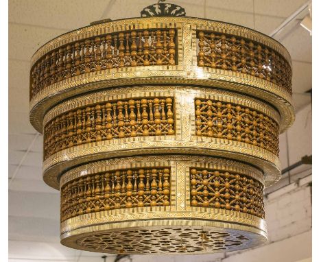 HANGING LIGHT, Damascus mother of pearl parquetry, of graduated spindle tier design with thirty lights, 71cm H x 78cm D. (sli