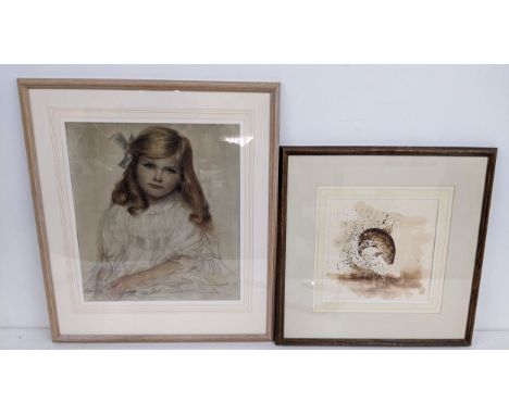 Two pictures to include a Jonathan Poole watercolour depicting a trout, together with a mixed media portrait of a young girl 