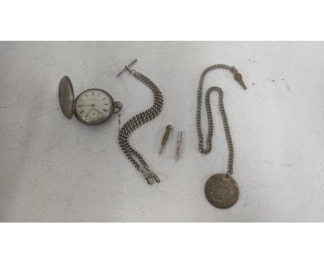 An early 20th century silver case J W Benson pocket watch, along with a silver pocket watch chain with T-Bar and two bulldog 