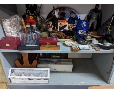 A mixed lot of miscellaneous items to include black iridescent glazed centrepiece dish, boxing gloves and trainers, boxed Sum
