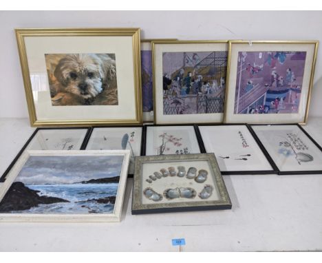 A collection of pictures and prints to include some Oriental examples depicting traditional scenes and symbolic abstract exam