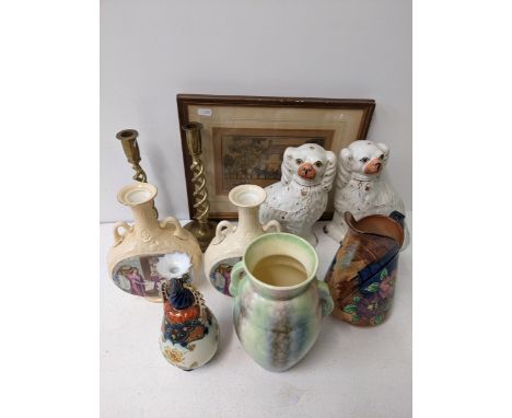 A collection of English ceramics to include a pair of Staffordshire style dogs, a pair of Doulton Merchant of Venice urn styl