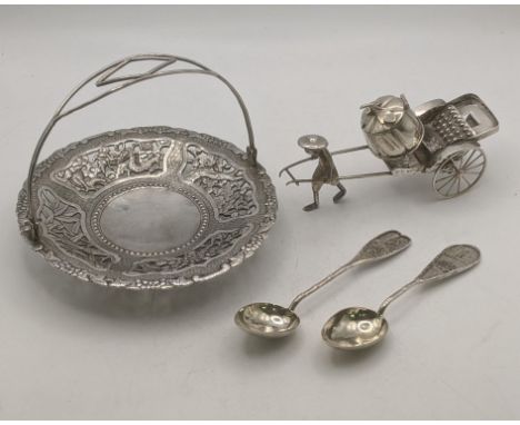 A group of Chinese silver/white metal items to include a floral pierced pin dish on three ball feet with handle together with