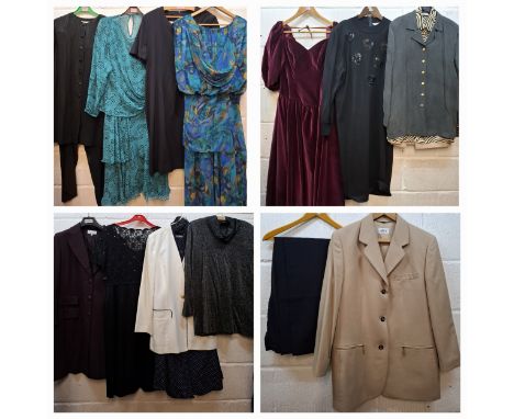 A quantity of late 20th Century ladies clothing, mainly UK14 and 3 vintage handbags to include Jaeger, Viyella, Basler and a 