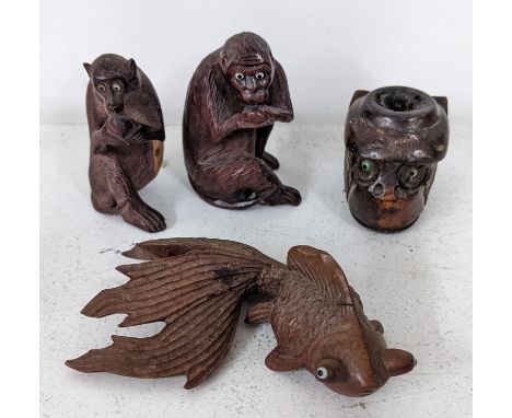 A pir of Japanese Okimono carved monkeys together with a Koi fish and pipe end in the form of a monkeyLocation: RWMIf there i
