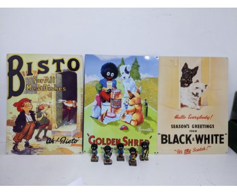 A group of three advertising tin signs for Bisto, Golden Shred and Blue and White Scotch Whisky, along with a set painted cha