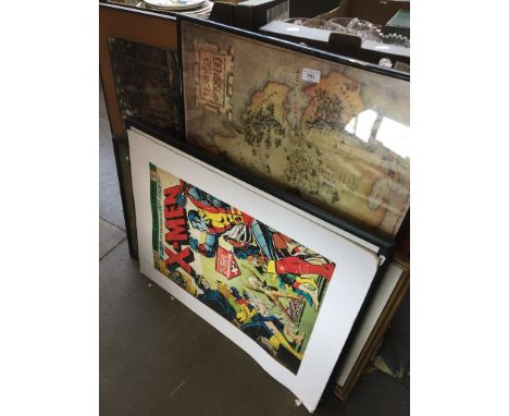Assorted pictures including comic book posters, an original Matisse style painting and a print of Napoleon etc. 