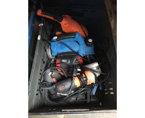 A box of electrical tools to include grinder, hammer drill, planer, sander, foot pump and cable reel. 