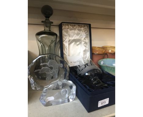 Boxed Caithness glass depicting SS Great Britain, a hand blown dimple decanter, two glass ornaments and a glass plate