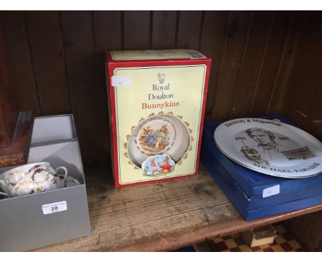 A presentation box with 2 Royal Worcester cups and saucers "Foxglove" pattern, a Royal Doulton Bunnykins christening set and 