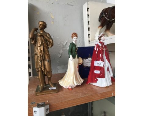 Two Royal Worcester figures, a Royal Crown Derby boxed vase and a composition figure 