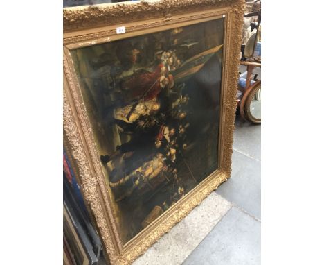 After Rembrandt "The Night Guard" ( or Night Watch ), print on canvas, unsigned in gilt, wood an gesso frame 111cm X 92.5cm 