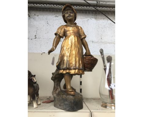 A Goldscheider terracotta and gilt highlighted figure of a girl holding a basket by B. Haniroff, stamped '3324 171 11' and si