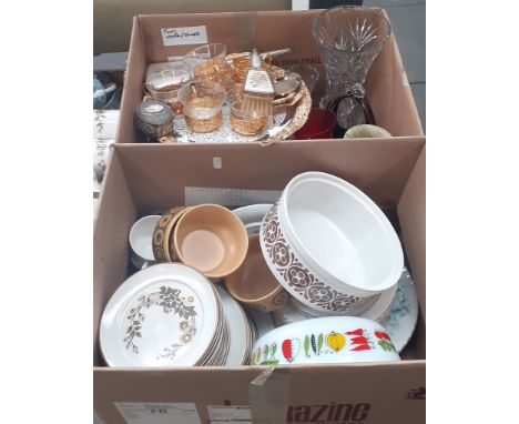 2 boxes of glass and ceramics including Denby, Kilncraft, dressing table set, carriage clock etc 