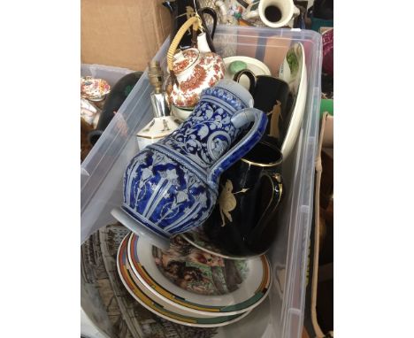 A box of mainly pottery including a set of three graduated jugs, Royal Doulton trial pieces, Poole etc. 
