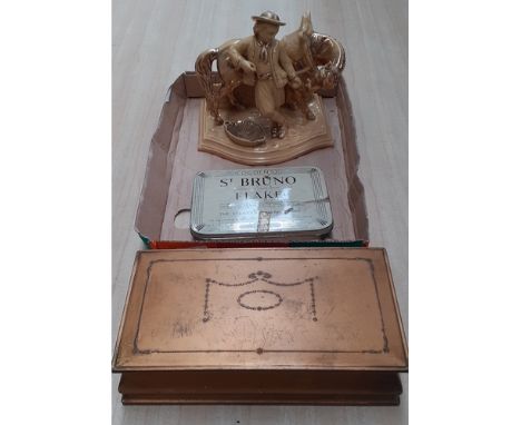 A State Express cigarette box, an Ogden tobacco tin and a ceramic pipe holder.