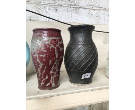 Jacqui Ramrayka - stoneware vase with copper red glaze, impressed mark on base, height 21 cm and Winchcombe pottery blue spec
