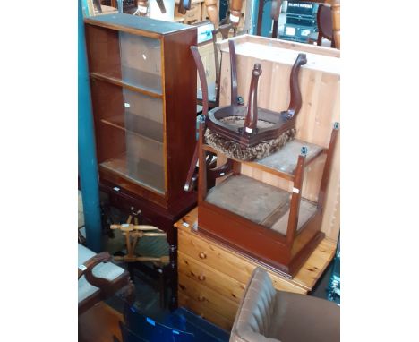 Various items of furniture: a glazed bookcase, a mahogany side table, four stools, a pine chest of drawers, a card table and 