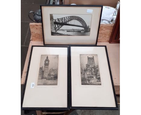 A photographic print depicting the SS City of Canberra passing under Sydney Harbour Bridge together with two etchings by Robs