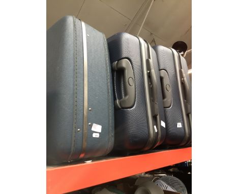 3 hard shell suitcases, 4 folding chairs and 4 folding wooden tables and a vintage graphoscope projector 