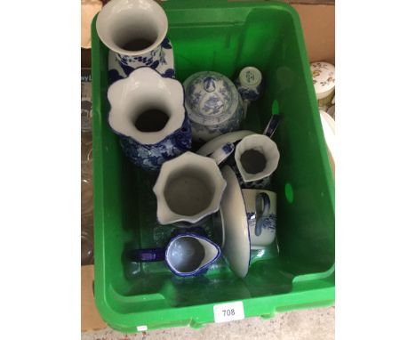 Assorted blue and white items including Royal Doulton Norfolk oversized cup &amp; saucer (hairline to cup), Spode etc 