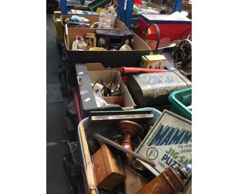 5 boxes of misc including treen, composite figures, ornaments, camping lanterns, boxes, metalware, novelty items, jewellery b