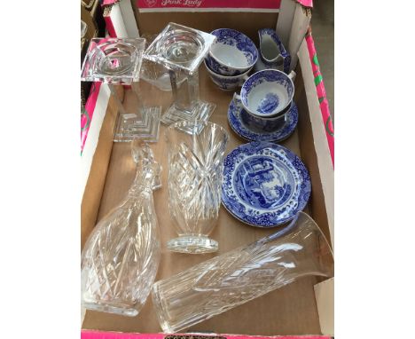 A box of glass and pottery including Spode's Italian blue and white, Edinburgh glass decanter etc. 
