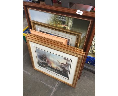 3 old naval prints, an oil on canvas, a steam train print and a sketch of a dog by Tom Knowles 