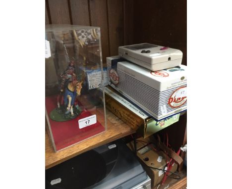A vintage Gameboy, a model under perspex case, a Dinky bus, a Corgi Transport of the 30s and another. 