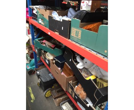 9 boxes of misc household items to include pottery, ceramics, ornaments, treen, etc and a Toshiba HDMI DV3 HDD and DVD record