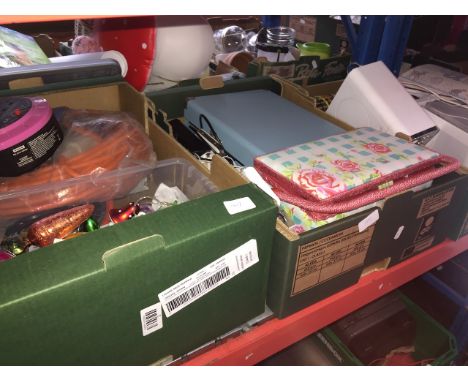 3 boxes of misc including Xmas baubles, haberdashery box with contents, micro hi-fi system, GPO record player, cable, etc. 