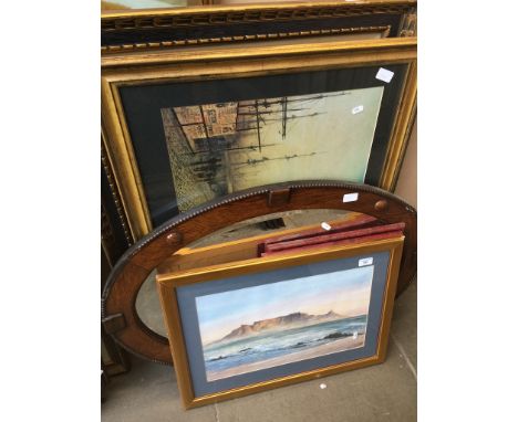 An oval mirror, two signed prints, two large prints and a signed print after Valerie Petts 